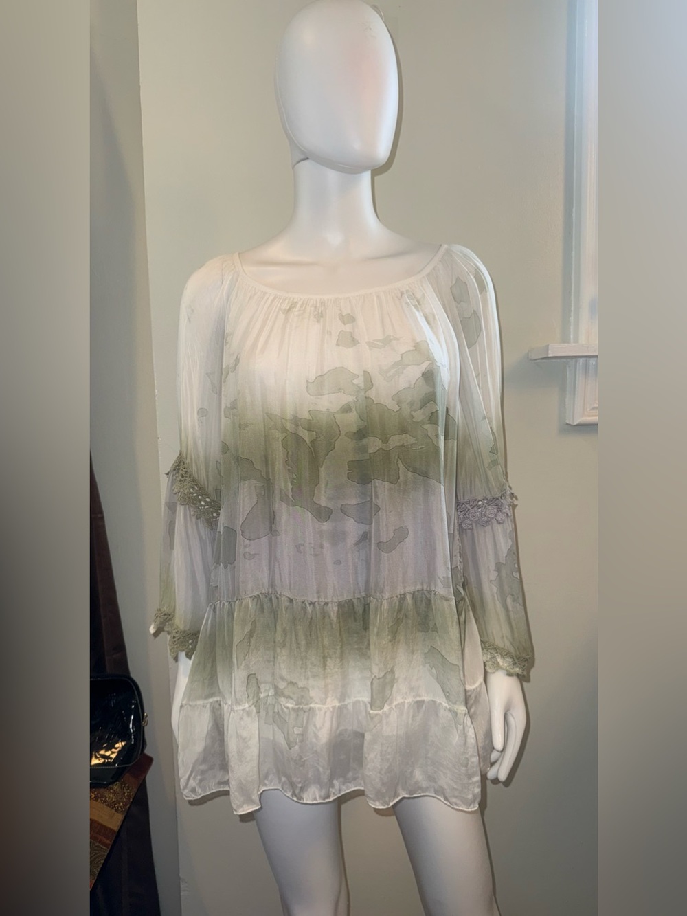 Tempo Paris White and Olive Sheer Peasant Blouse